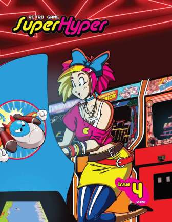 Cover art for Retro Game SuperHyper zine issue 4 - a woman with a blue bow in her hair plays an arcade