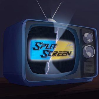 Album cover for Split Screen's debut albun. It has a crt tv with bunny-ear-antennas and a lightning bolt through the screen with SPLIT SCREEN written on it.