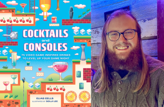 Side-by-side of the Cocktails and Consoles cover art and Elias Eells' headshot. The book cover has a Mario platformer style with mint leaves and ice cubes collectibles strewn about; there's cherries and orange slices in the background, as well as lots of drink-mixing equipment. Elias is smiling, with glasses and wearing a grey sweater. He has a beard and long hair.